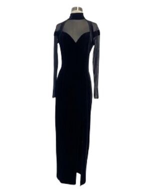 Night Way Collections Black Velvet Sheer-Yoke Long Sleeve Gown